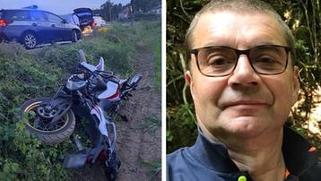 Giacomo Xotta, 64 anni, e la moto finita fuori strada in via degli Alpini a Marano
