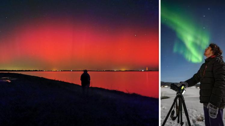 A sinistra l'aurora boreale vista dal Polesina (foto BPP Meteo), a destra Lorenzo Mirandola