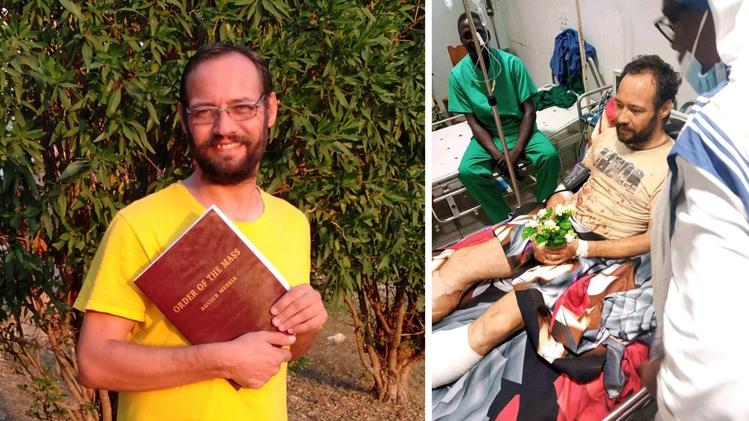 Padre Christian Carlassare, 43 anni: a destra dopo il ricovero in ospedale in seguito all'agguato (foto Nigrizia.it)