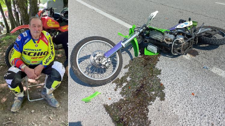 La vittima, Luciano Filippi, e la moto dopo l'incidente