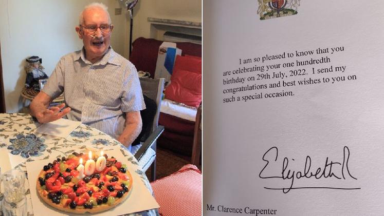 La torta per il centesimo compleanno di Clarence Carpent e gli auguri della Regina Elisabetta II