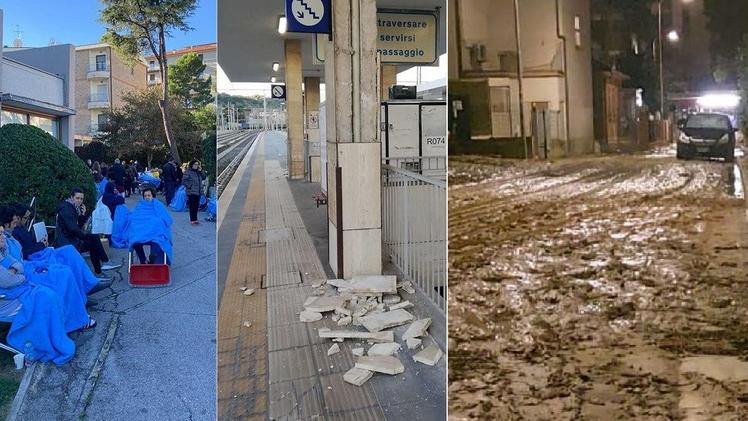 Un combo di foto d'archivio dopo le scosse di terremoto e il maltempo nelle Marche