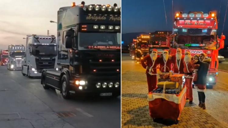 La carovana e i Babbi Natale con i camion schierati davanti all'ospedale
